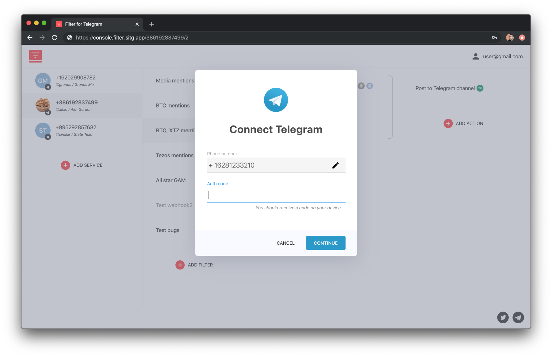 Connecting Telegram account